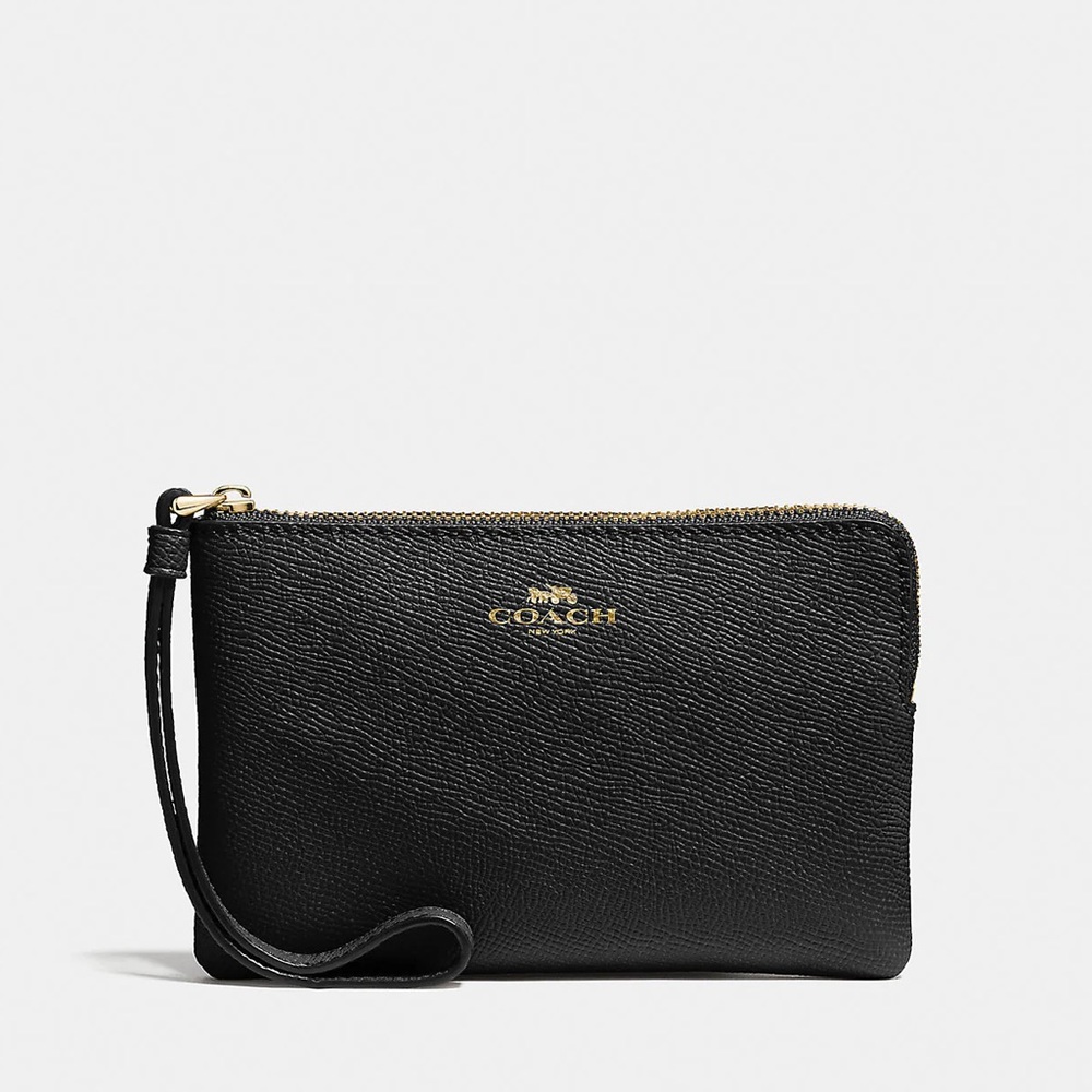 Coach wristlet with strap black/gold leather wallet card holder